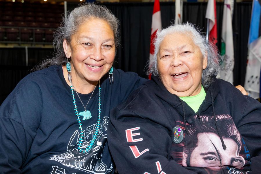 <who>Photo Credit: NowMedia/Gord Goble</who> Kristine Jack (left) and biological mom Grace Greyeyes (right) at 2023 pow wow