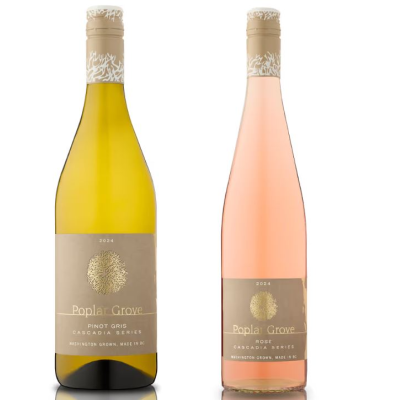 <who>Photo credit: Poplar Grove Winery</who>Poplar Grove Winery on the Naramata Bench will be among the first Okanagan wineries to release 2024 vintage wines made in BC of grapes from Washington state. Left, Poplar Grove's Cascadia Series Pinot Gris and Cascadia Series Rose.