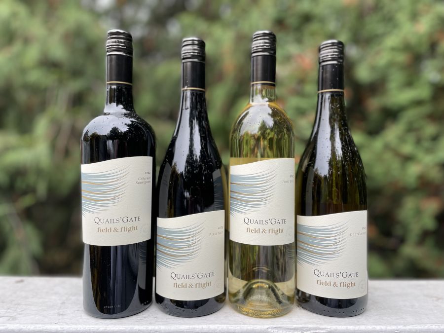 <who>Photo credit: Steve MacNaull/NowMedia Group</who>Quails' Gate Winery in West Kelowna made these Field & Flight wines with grapes from Washington state, Oregon and California. From left, 2022 Cabernet Sauvignon ($29), 2023 Pinot Noir ($26), 2023 Pinot Gris ($25) and 2023 Chardonnay ($27).