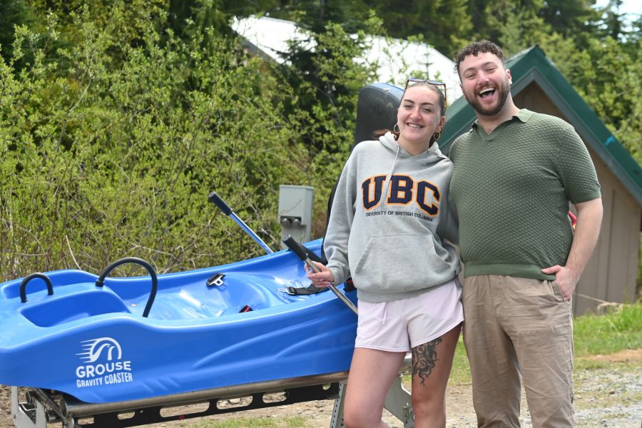 <who>Photo Credit: Abby Luciano</who>Vancouver residents Erika McNerney (left) and Nick Gordon are all smiles after riding the new Grouse Gravity Coaster Wednesday, May 20.