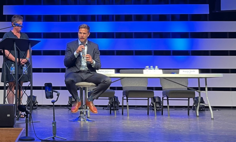 <who> Photo credit: Greater Westside Board of Trade </who> Not impressed: Independent candidate Stephen Johnston debating alone after the other candidates failed to turn up.